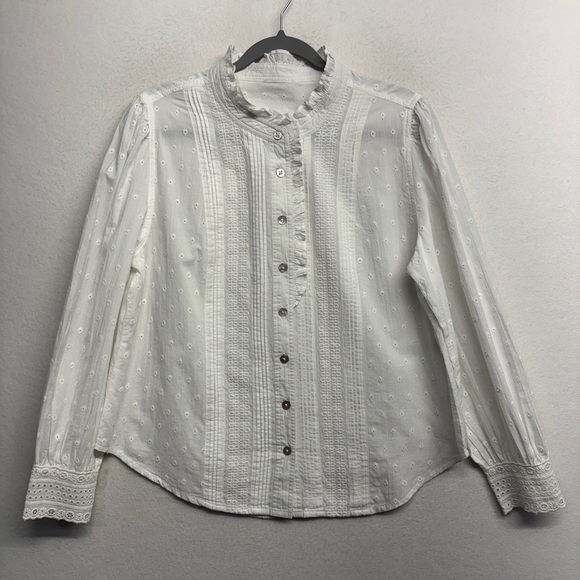 Wrap London button down blouse shirt 10 ruffle Eyelet dot embroidered tuxedo - Picture 1 of 8